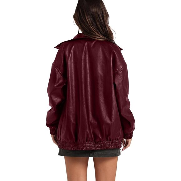 Women's Faux Leather Jacket Oversized Moto Bomber Coat Fall Winter Outfits - Picture 3 of 3